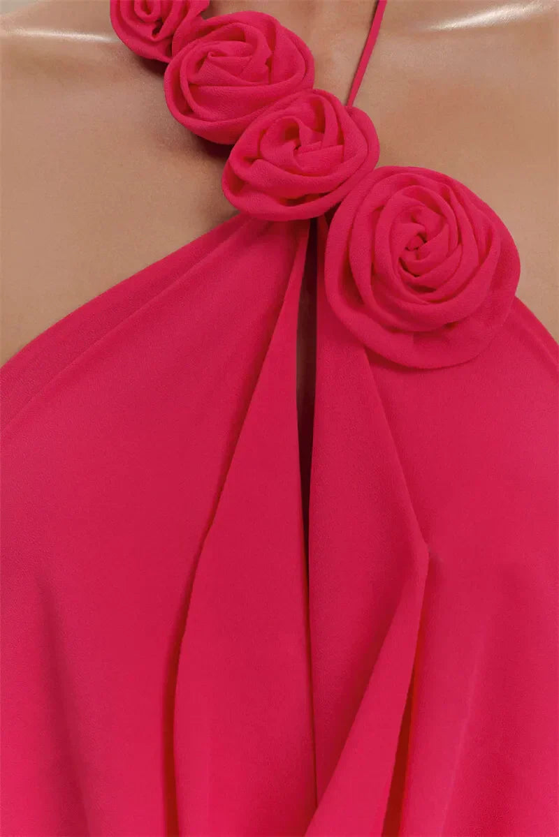 שמלת מקסי הלטר עם כתפיים חשופות וגב פתוח דגם צ'רי