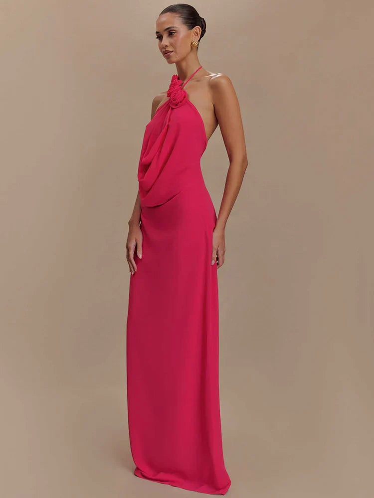 שמלת מקסי הלטר עם כתפיים חשופות וגב פתוח דגם צ'רי